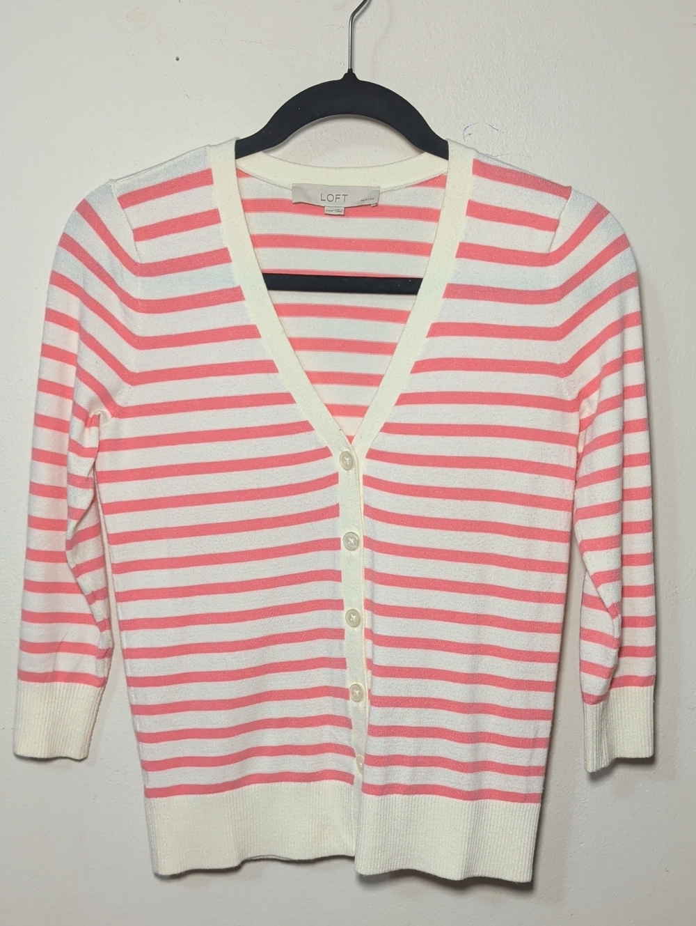 LOFT Ivory and Pink Striped Cardigan V-Neck Button 3/4 Sleeve Women's Size XXSP
